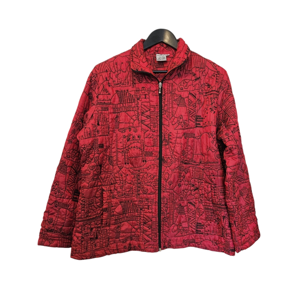 Parsley & Sage Red and Black Puffer Jacket with Abstract Print